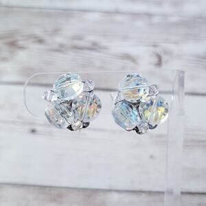 Vintage Clip On Earrings Clear Beads with Iridescent Finish 0.75"